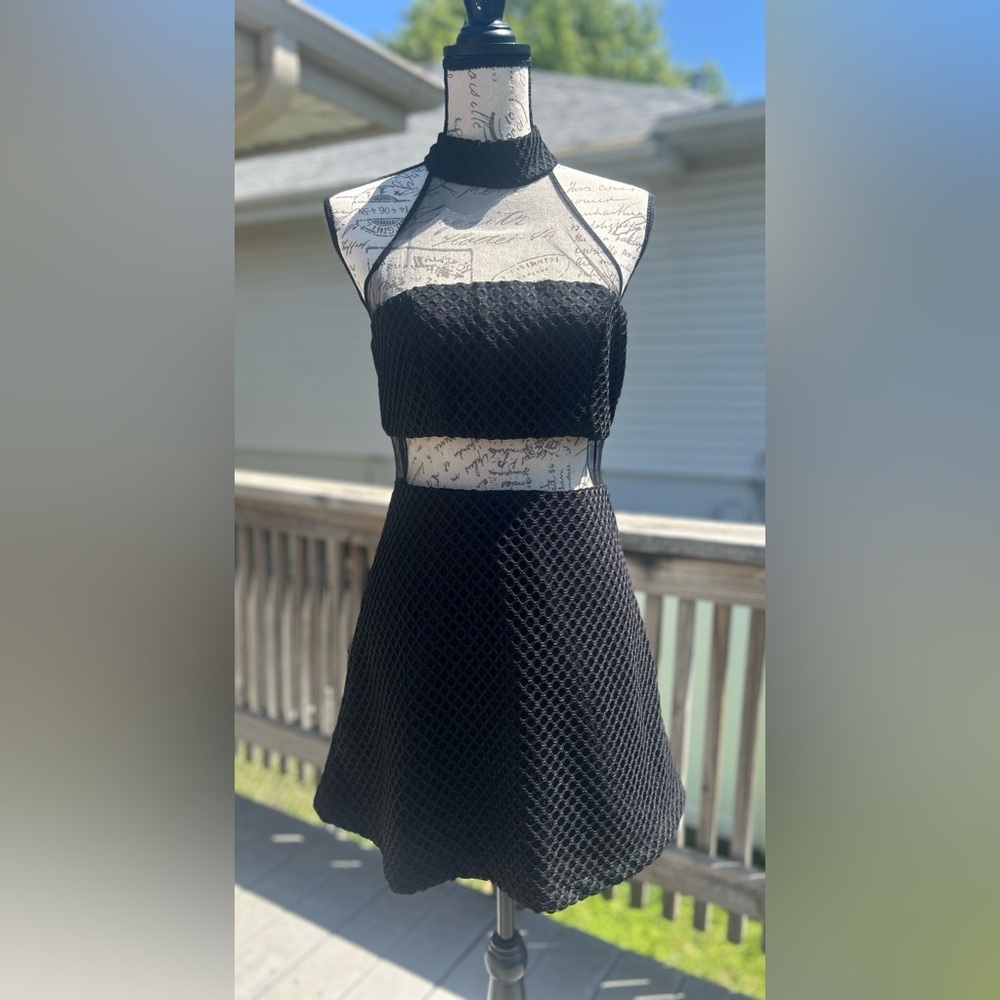Stunning High Neck Black Sheer Cutout Waffle Pattern Mini Dress Size M LIKE NEW!